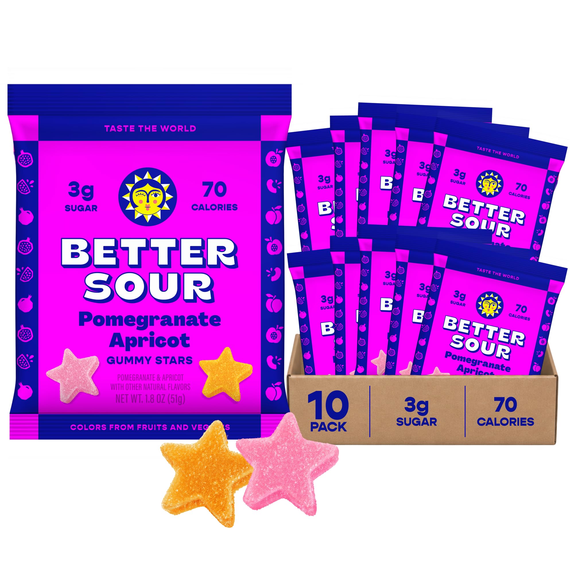 Better Sour front packaging showing colorful pomegranate apricot design and benefits