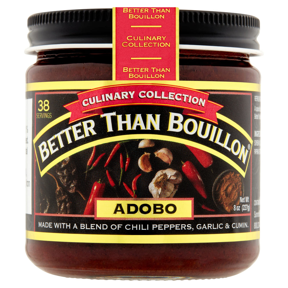Better Than Bouillon front jar showing adobo base and servings benefit