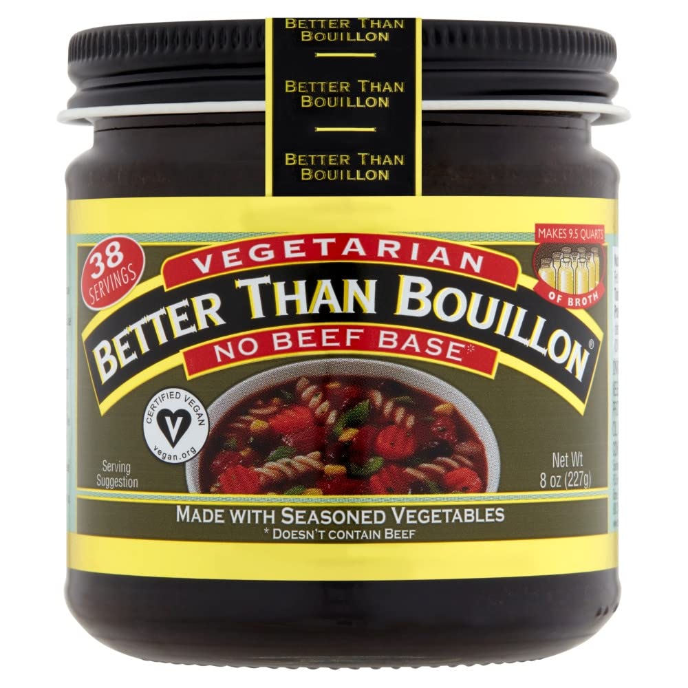 Better Than Bouillon pouring prepared vegetable broth, demonstrates quick broth creation and time-saving benefit