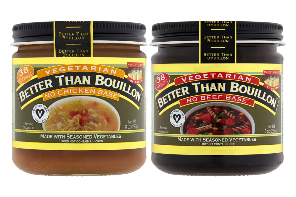 Better Than Bouillon front packaging showing both vegetarian base jars, highlights variety and convenience