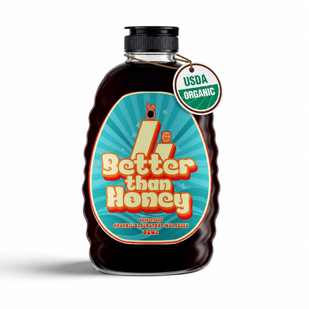 Better Than Honey front label on bottle showing organic blackstrap molasses benefits