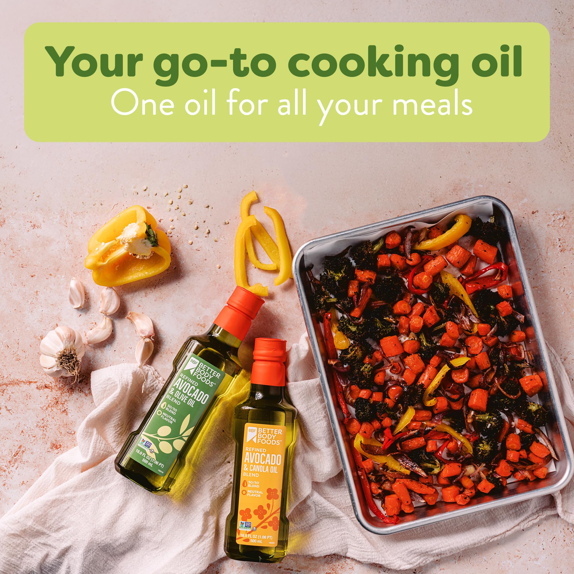 BetterBody Foods bottle on kitchen counter showing everyday cooking versatility