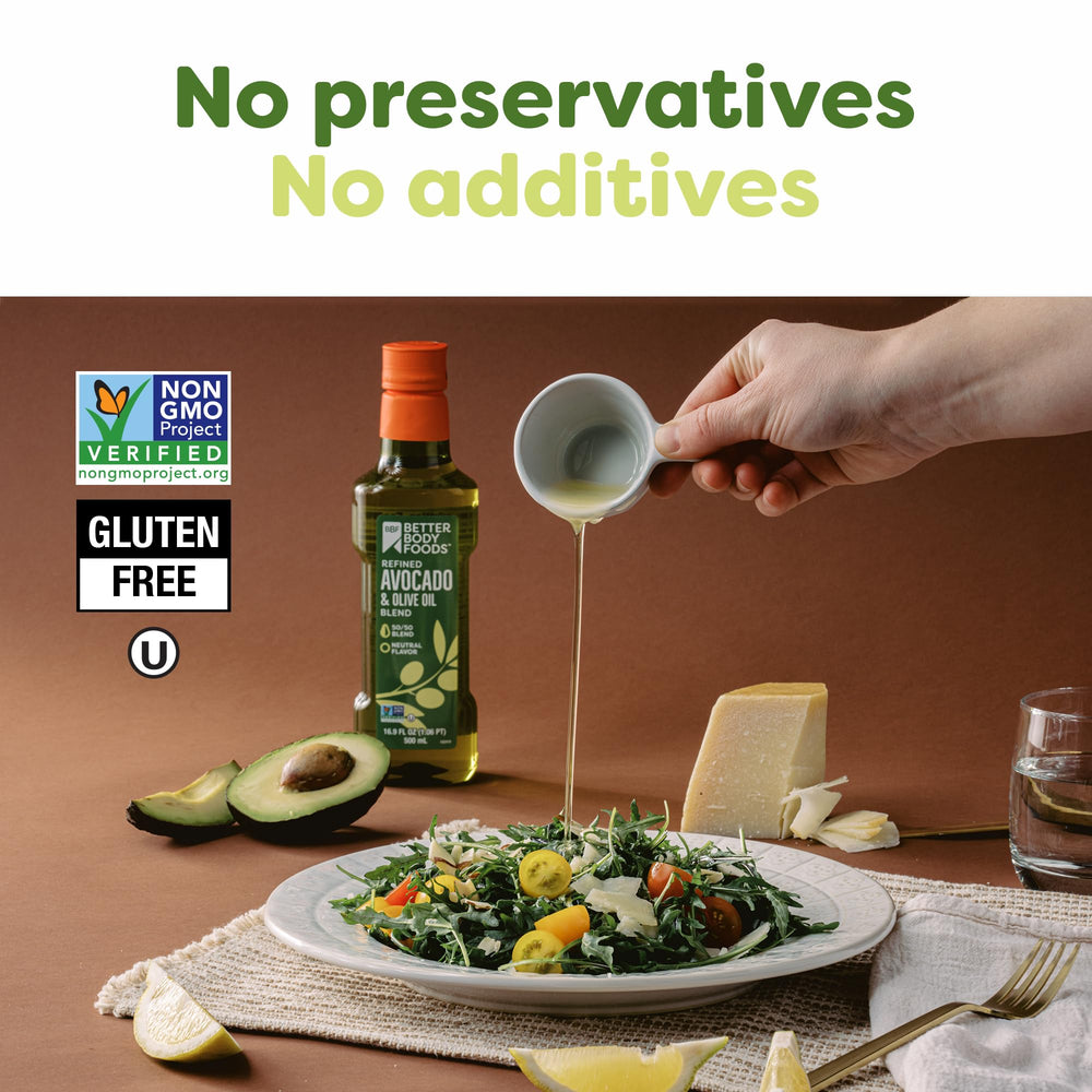 BetterBody Foods drizzle over salad highlighting light taste and finishing benefit