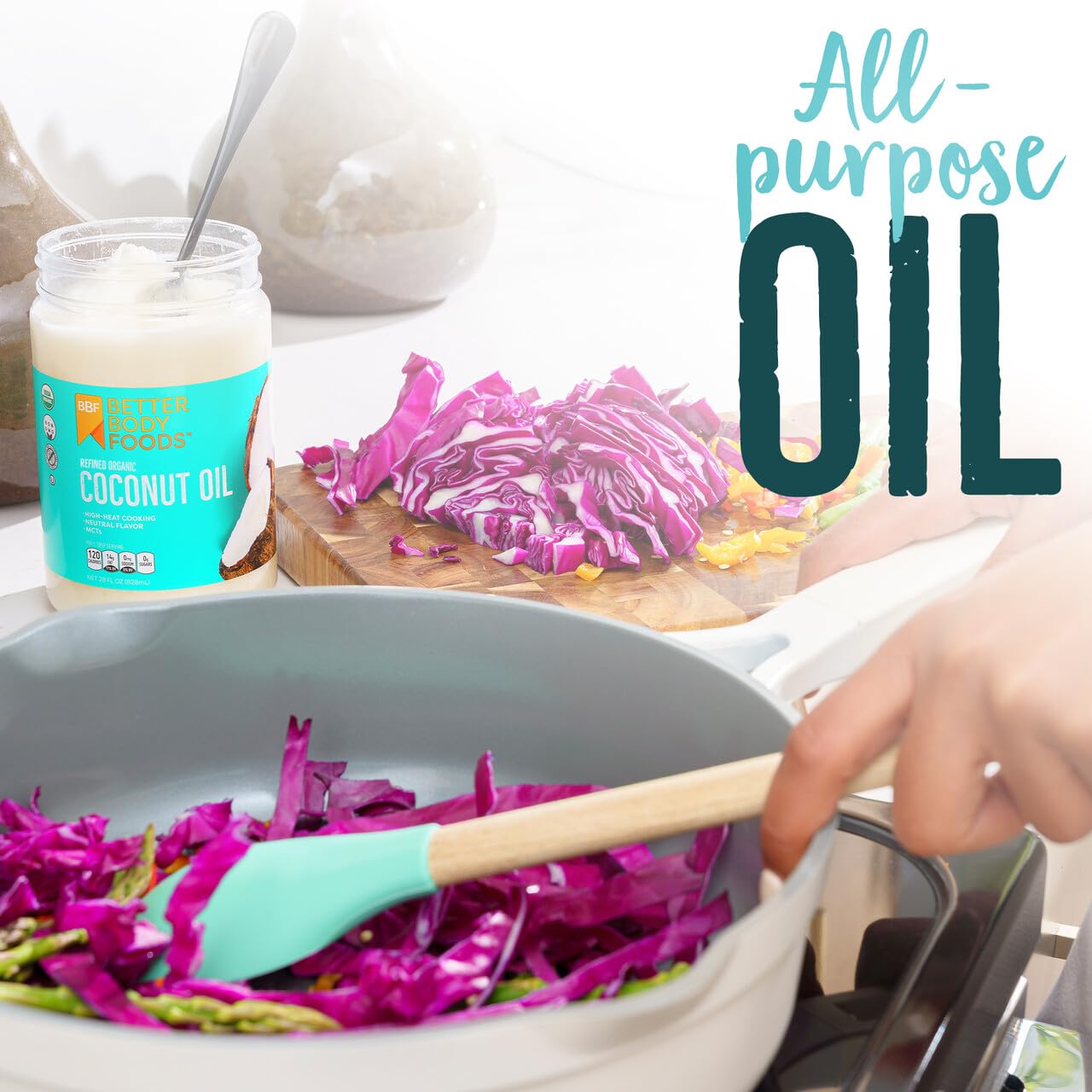 BetterBody Foods being used in a frying pan demonstrating high‑heat performance