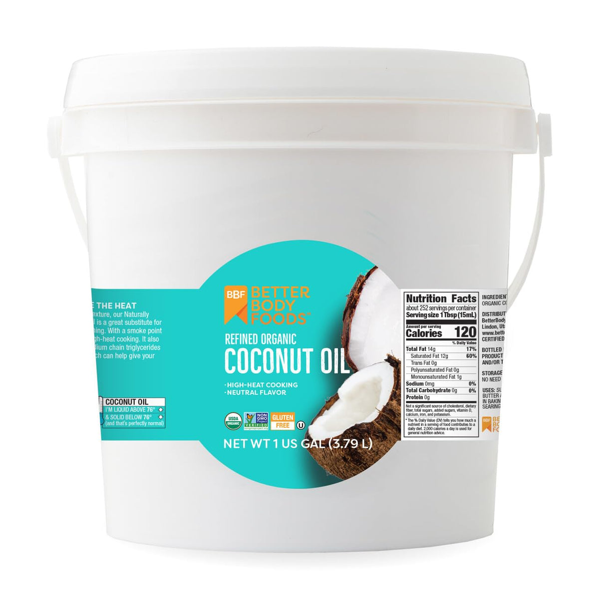 BetterBody Foods gallon bottle front view showing organic label and bulk benefit