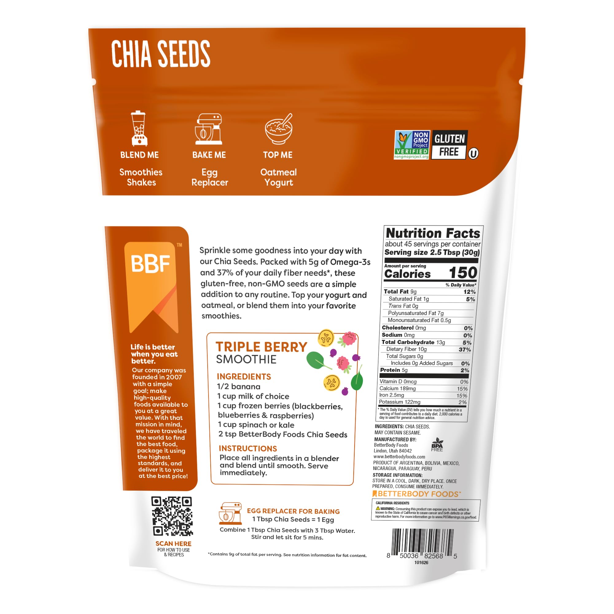 BetterBody Foods chia beside measuring cup demonstrating 3 lb supply