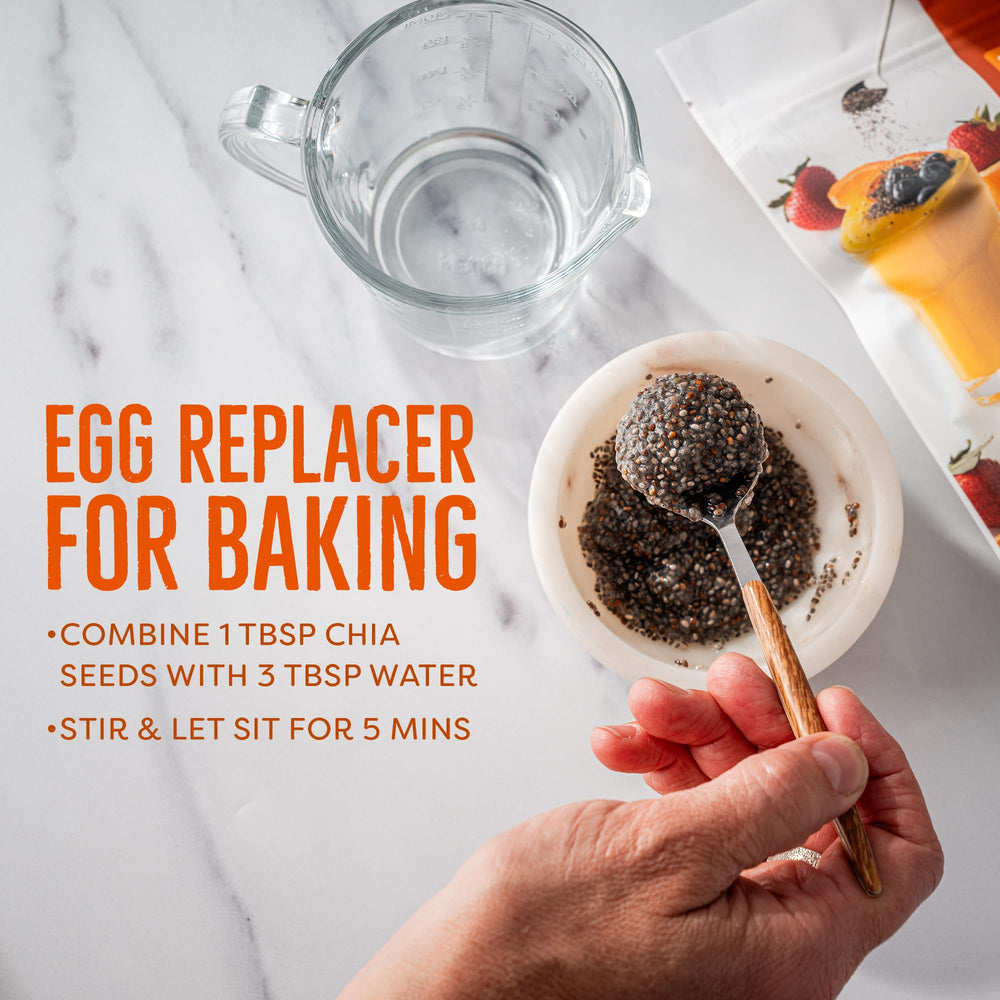 BetterBody Foods chia seeds being poured into a smoothie for added fiber