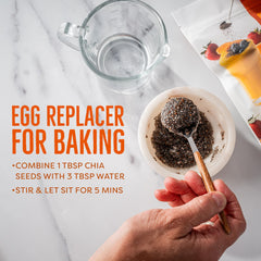 BetterBody Foods chia seeds being poured into a smoothie for added fiber