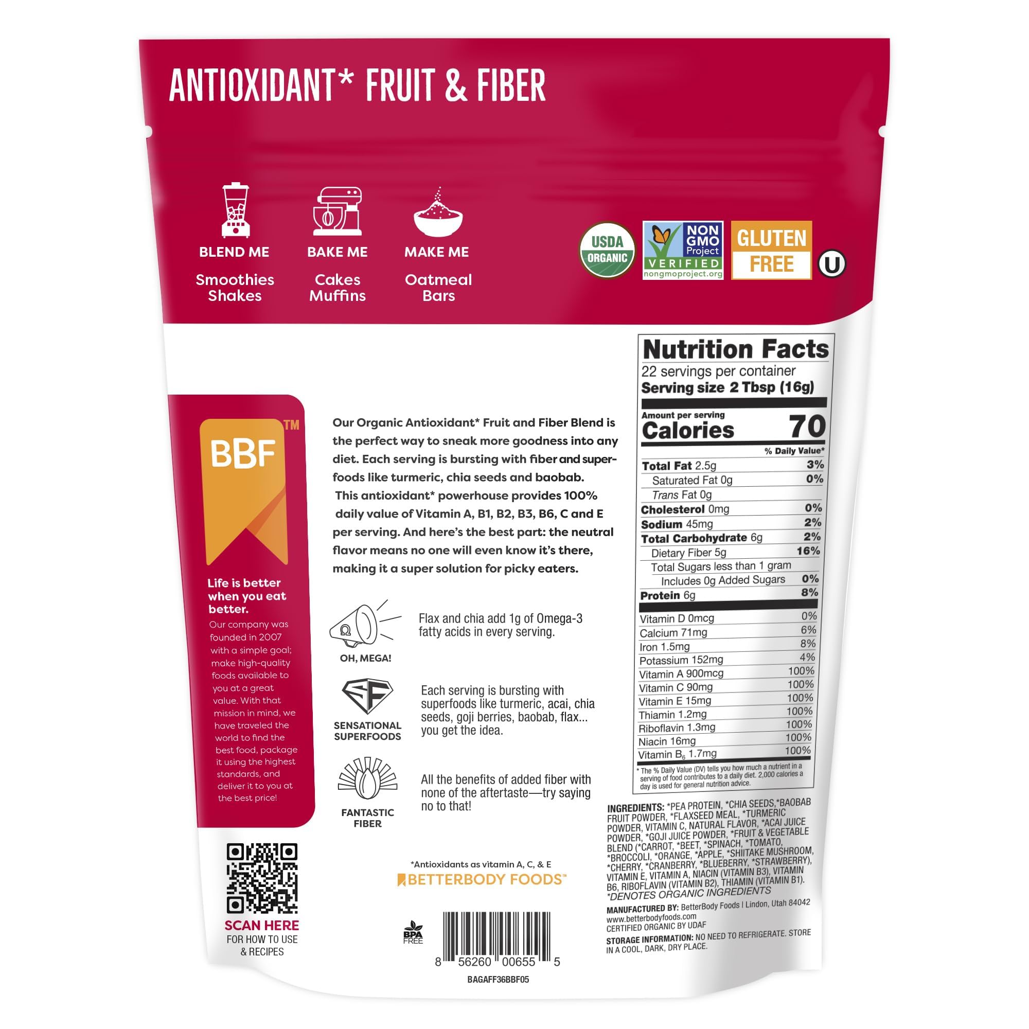 BetterBody Foods ingredients flatlay with berries and seeds illustrating organic sources
