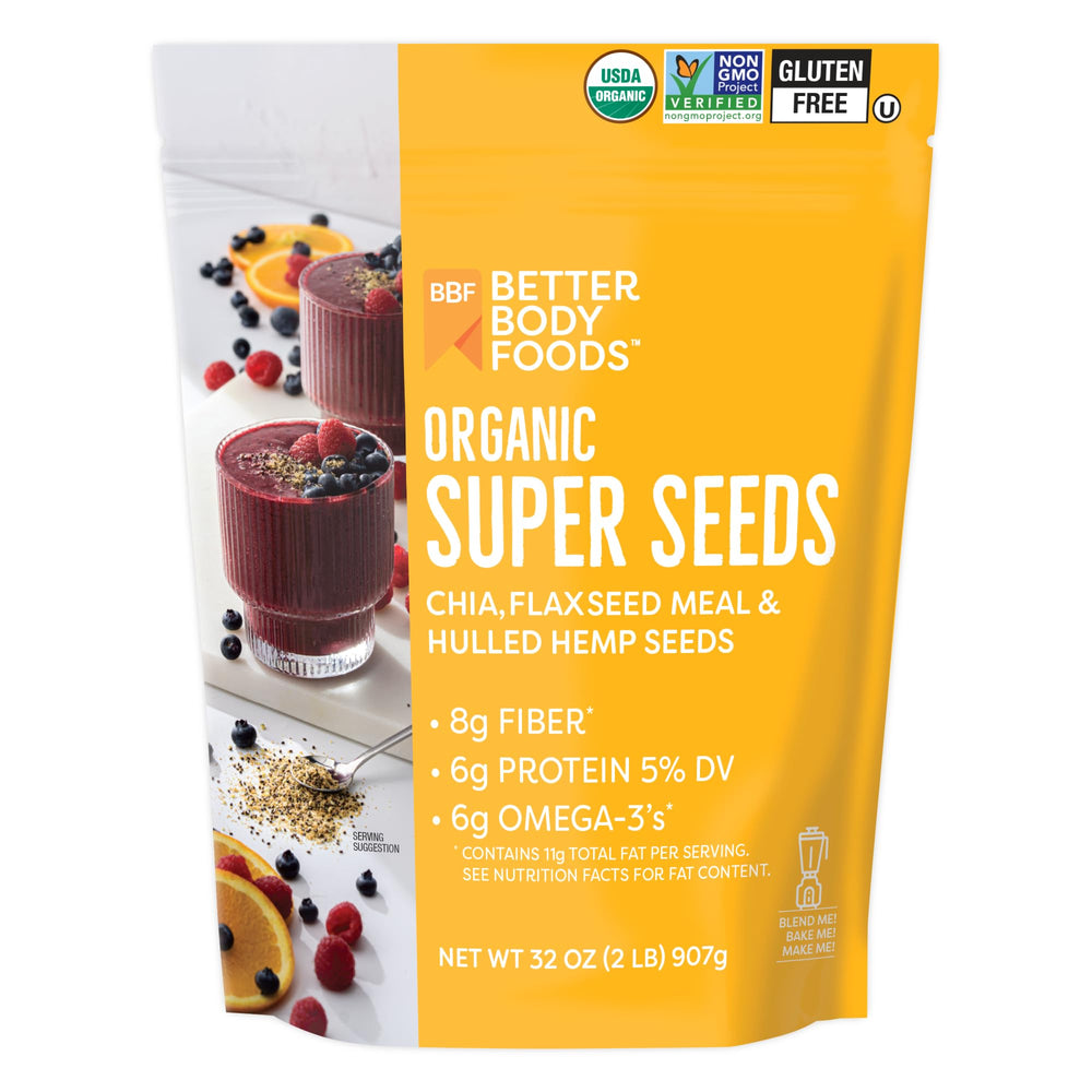 BetterBody Foods front pouch showing organic super seeds and serving size benefit