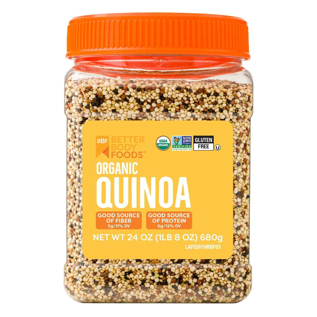 BetterBody Foods front packaging showing 1.5 lb organic quinoa benefits