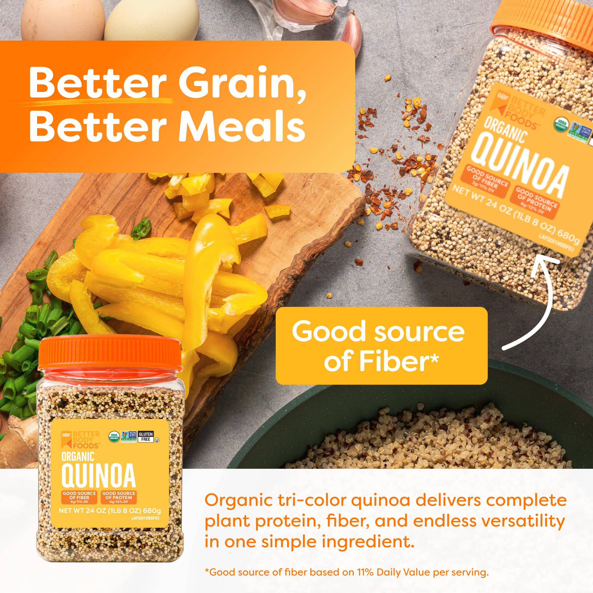 BetterBody Foods open container revealing colorful tri-color quinoa blend