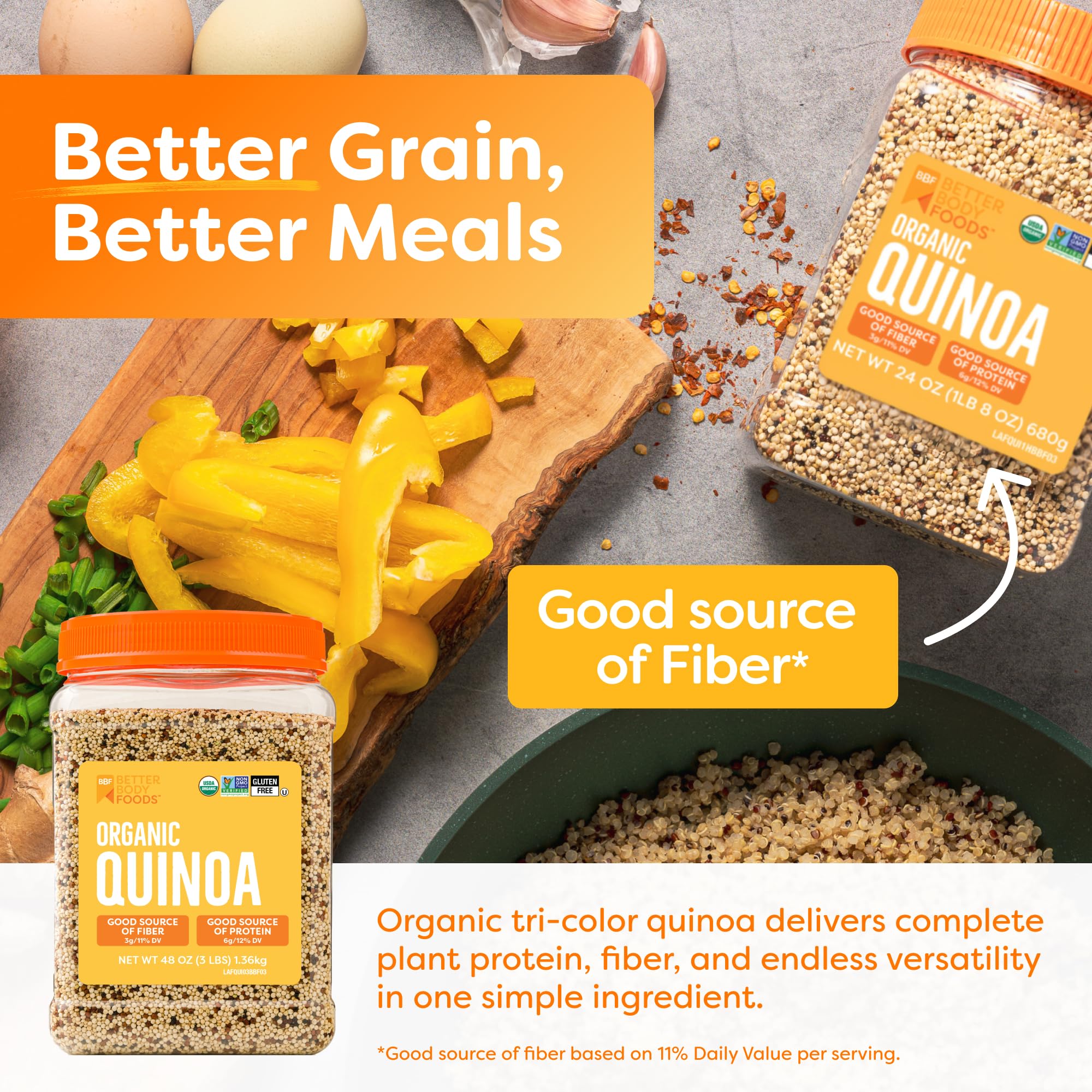 BetterBody Foods open container top view revealing tri-color quinoa for convenience