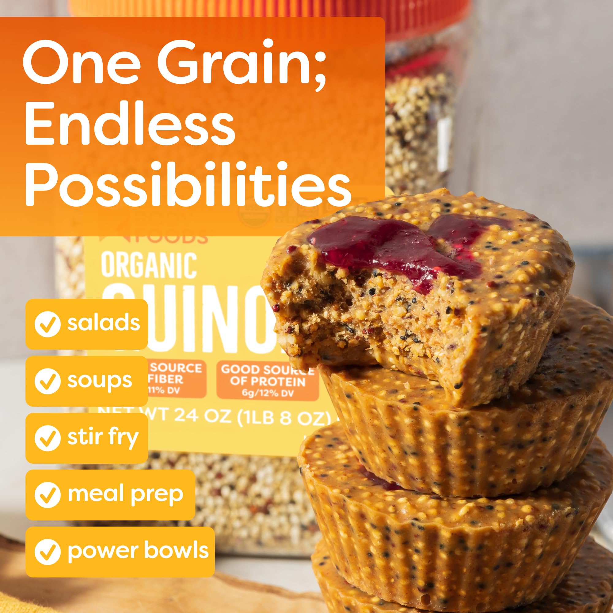 BetterBody Foods portioned quinoa with measuring cup demonstrating serving size control