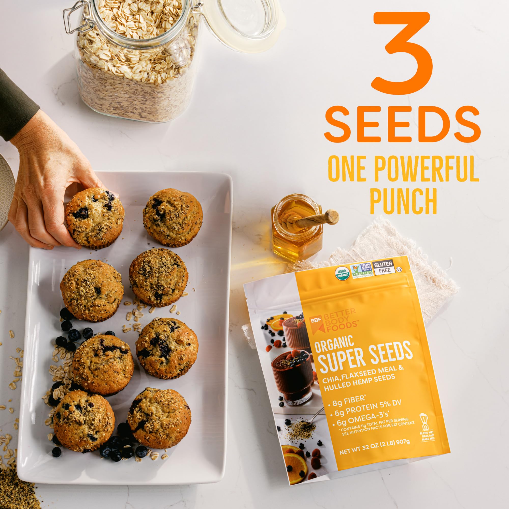 Close-up of chia flax hemp seeds texture by BetterBody Foods for nutrient-rich crunch