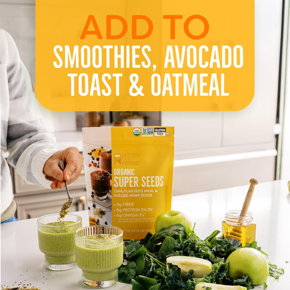 Smoothie bowl topped with BetterBody Foods seeds delivering fiber and omega benefits