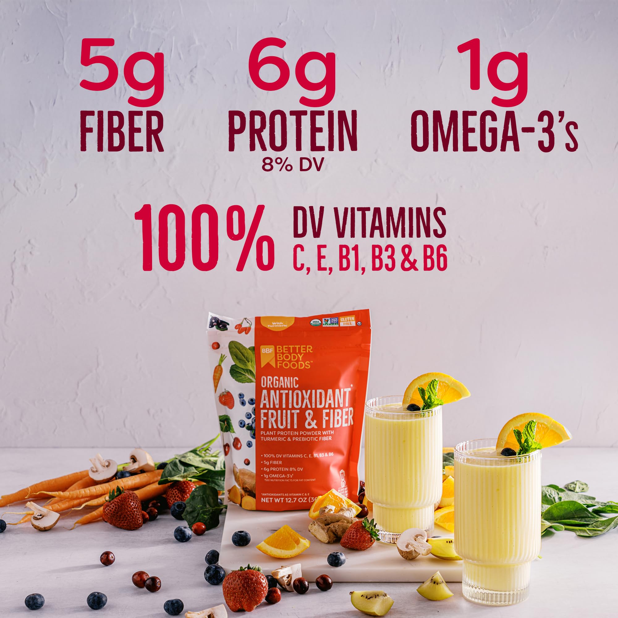 BetterBody Foods close-up of superfood powder texture highlighting vibrant color and blend
