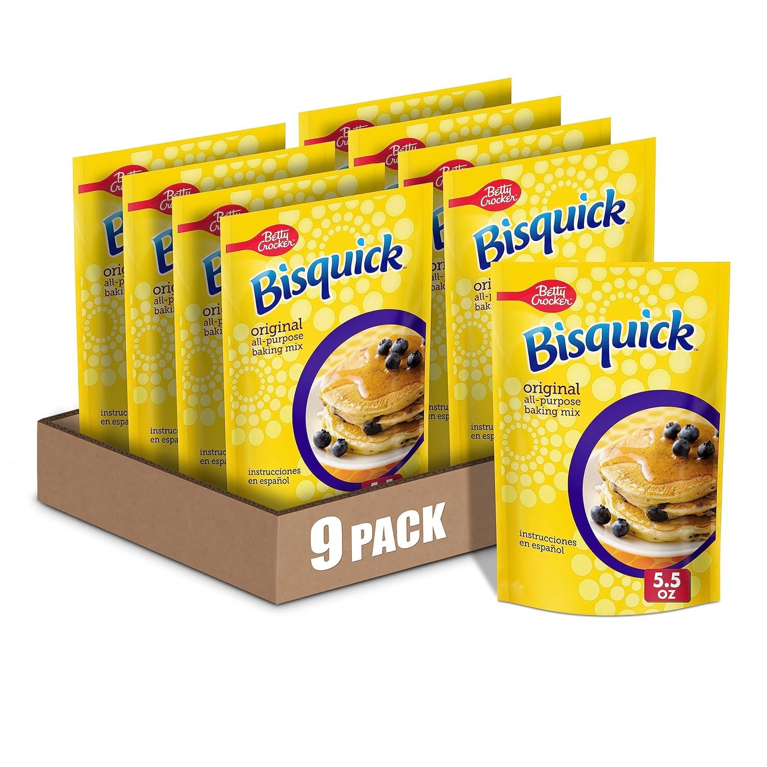 Betty Crocker Bisquick front packaging showing pack of nine pouches and quick convenience