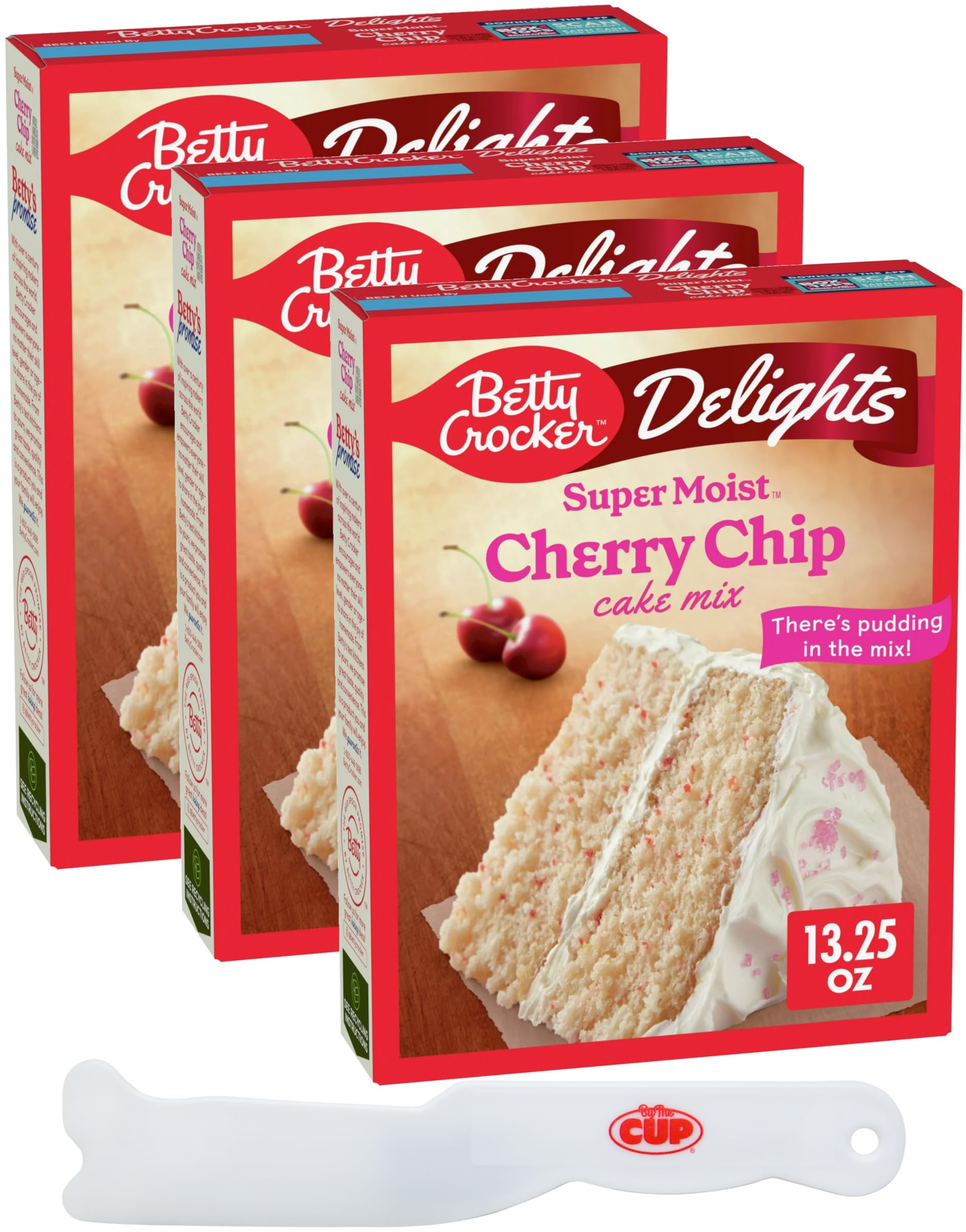 By The Cup — front box showing cherry chip cake mix and branding benefits