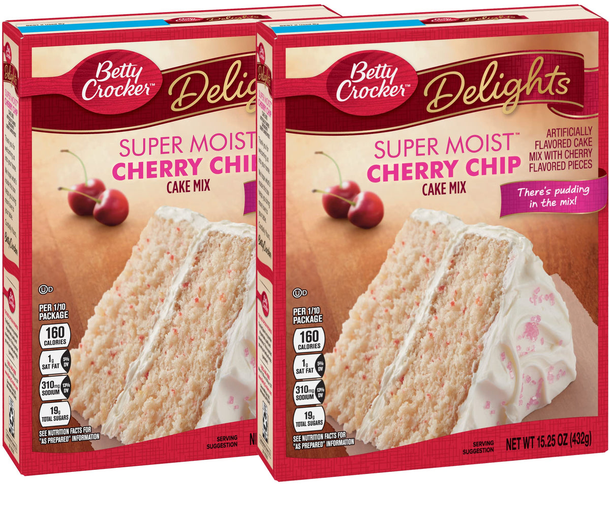 Betty Crocker front packaging showing cherry chip mix and clear directions, easy baking