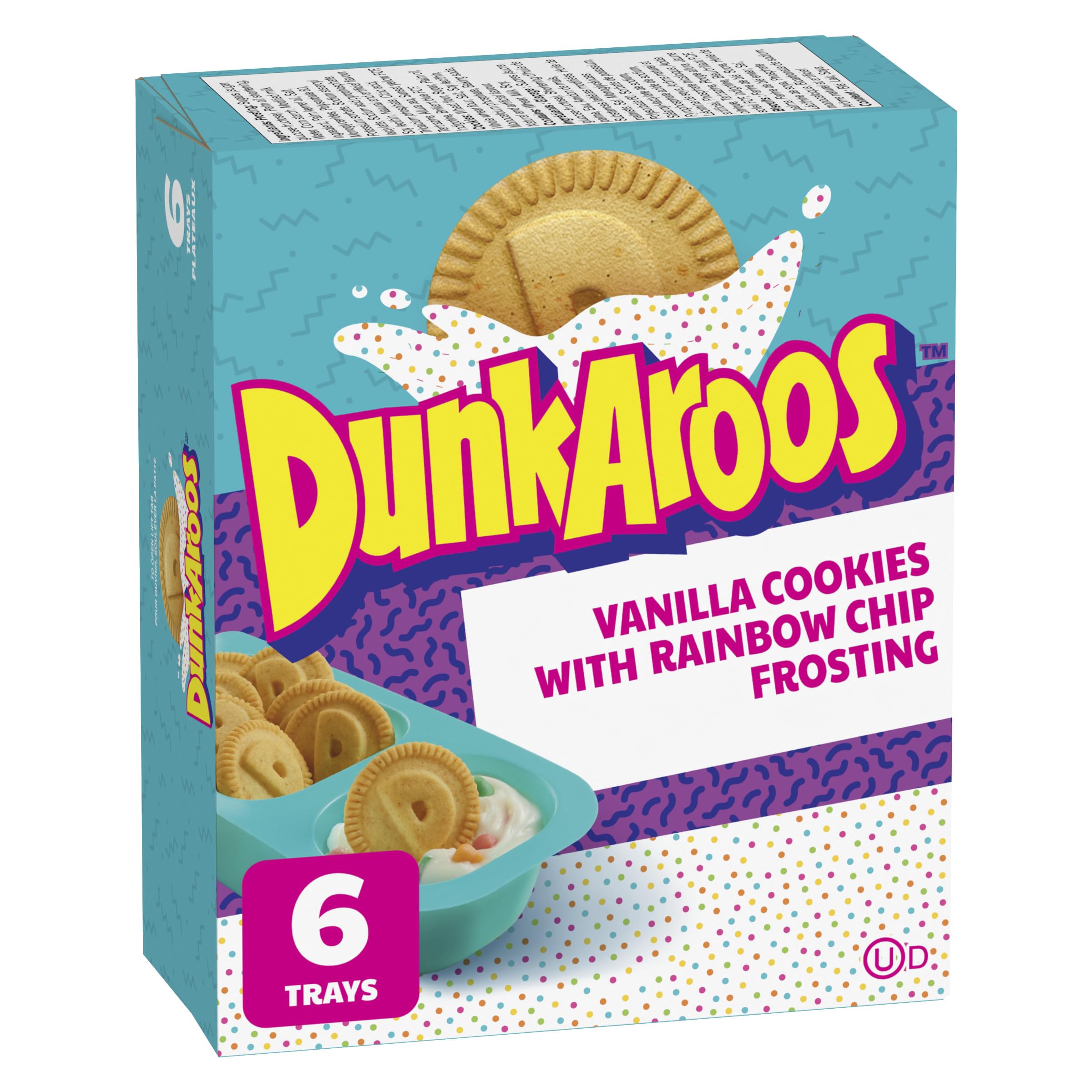 Betty Crocker front box view showing six DunkAroos packs and colorful branding for convenient snacks