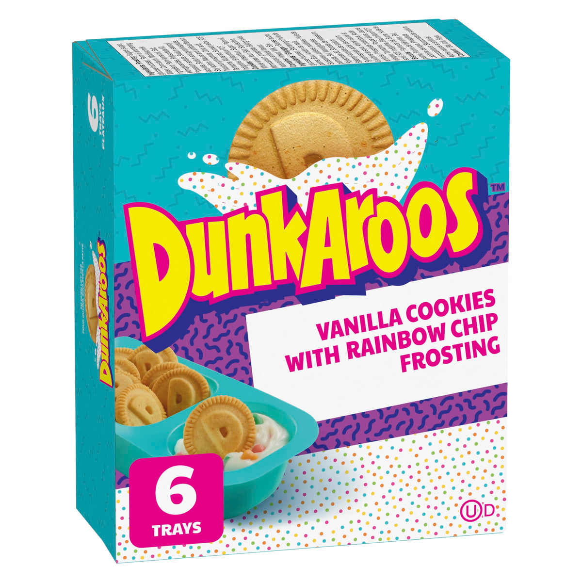Betty Crocker front box view showing six DunkAroos packs and colorful branding for convenient snacks