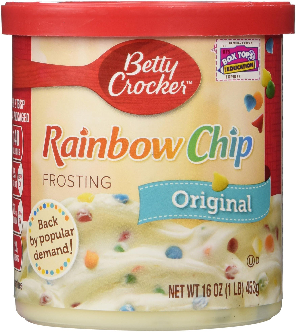 Betty Crocker front packaging showing 16 oz can and colorful topping for quick desserts