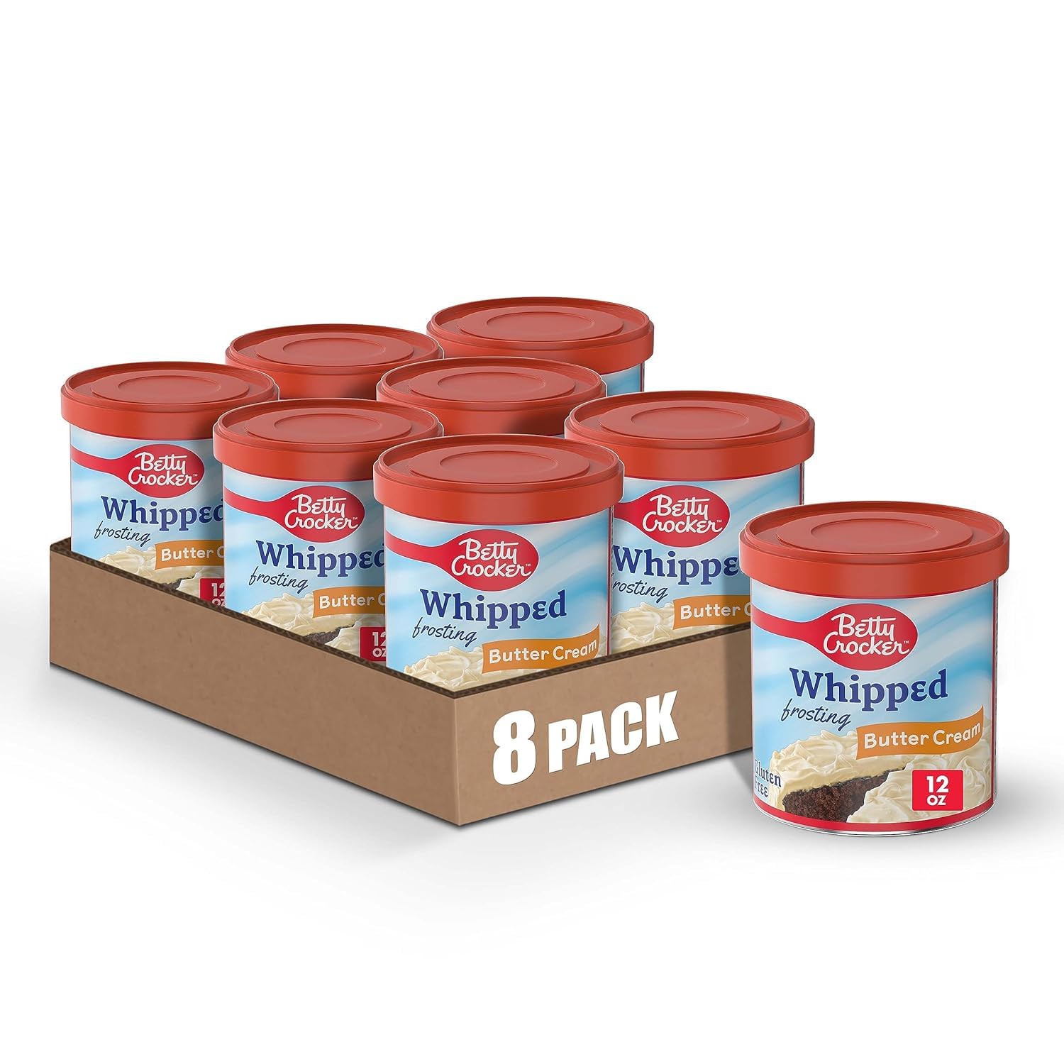 Betty Crocker front packaging showing eight tubs and product name, convenient supply
