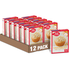 Betty Crocker front box showing lemon poppy seed mix and streusel included, convenient