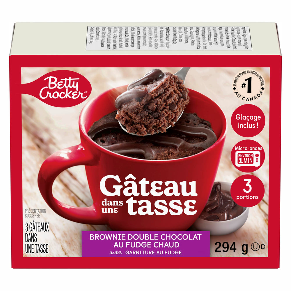 Betty Crocker mug cake in kitchen setting conveying quick homemade dessert