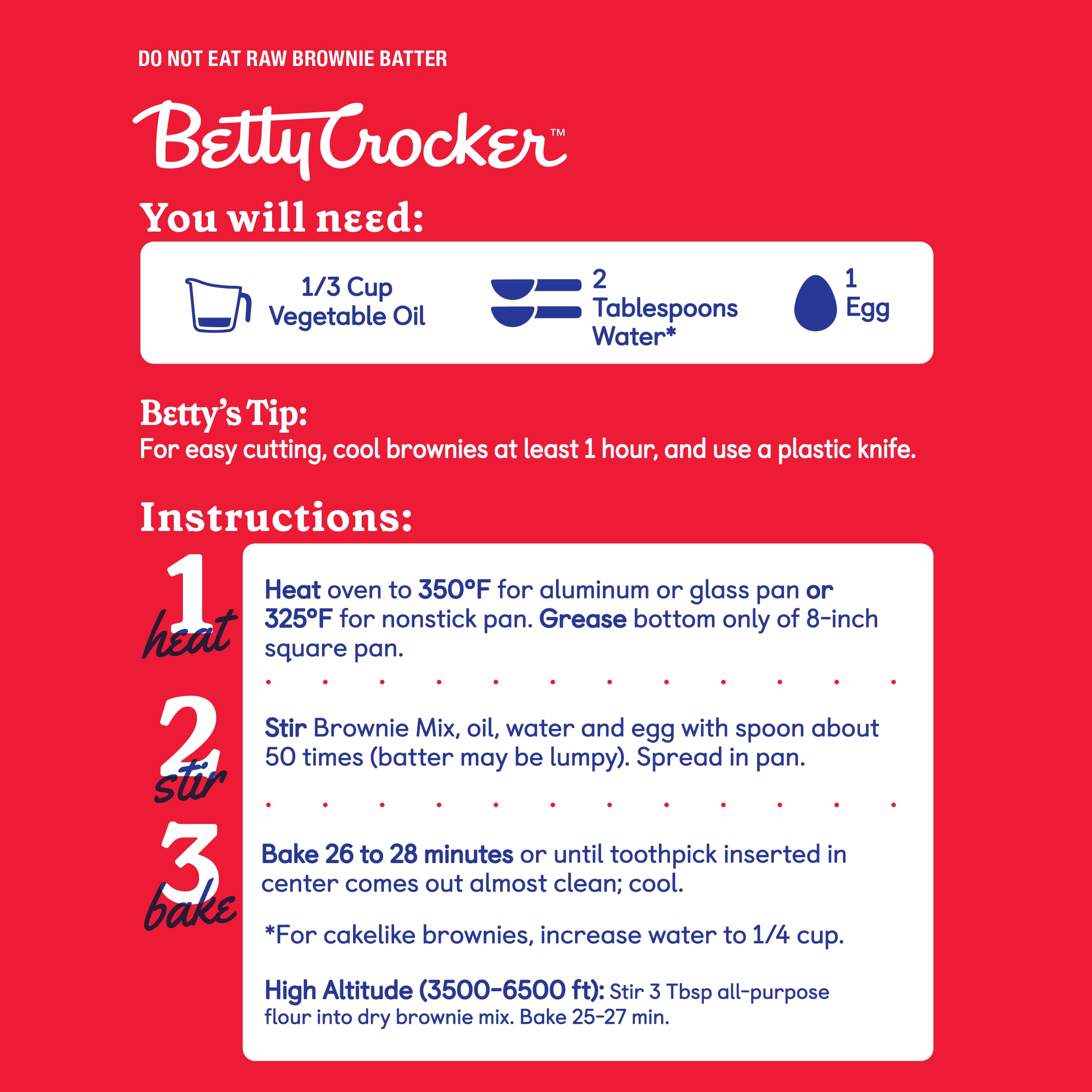 Betty Crocker nutrition label and simple instructions offering clarity