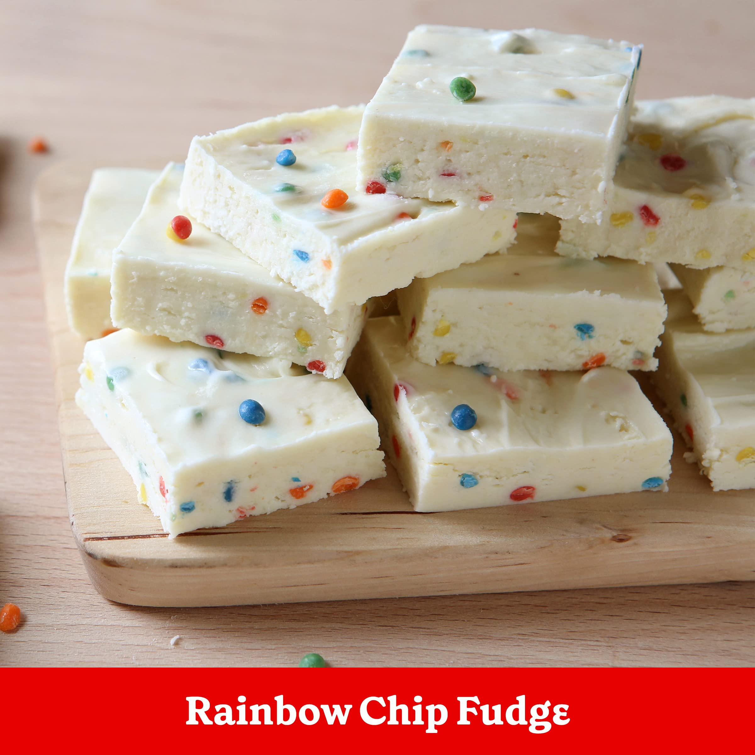 Betty Crocker close-up of rainbow chips in frosting highlighting colorful visual appeal