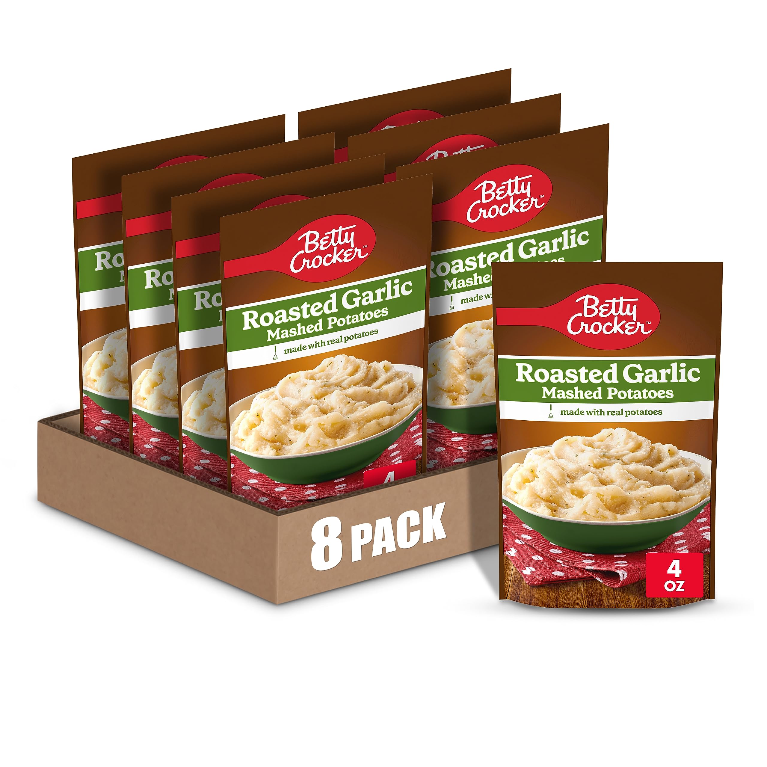 Betty Crocker front packaging showing roast garlic flavor and quick preparation benefit