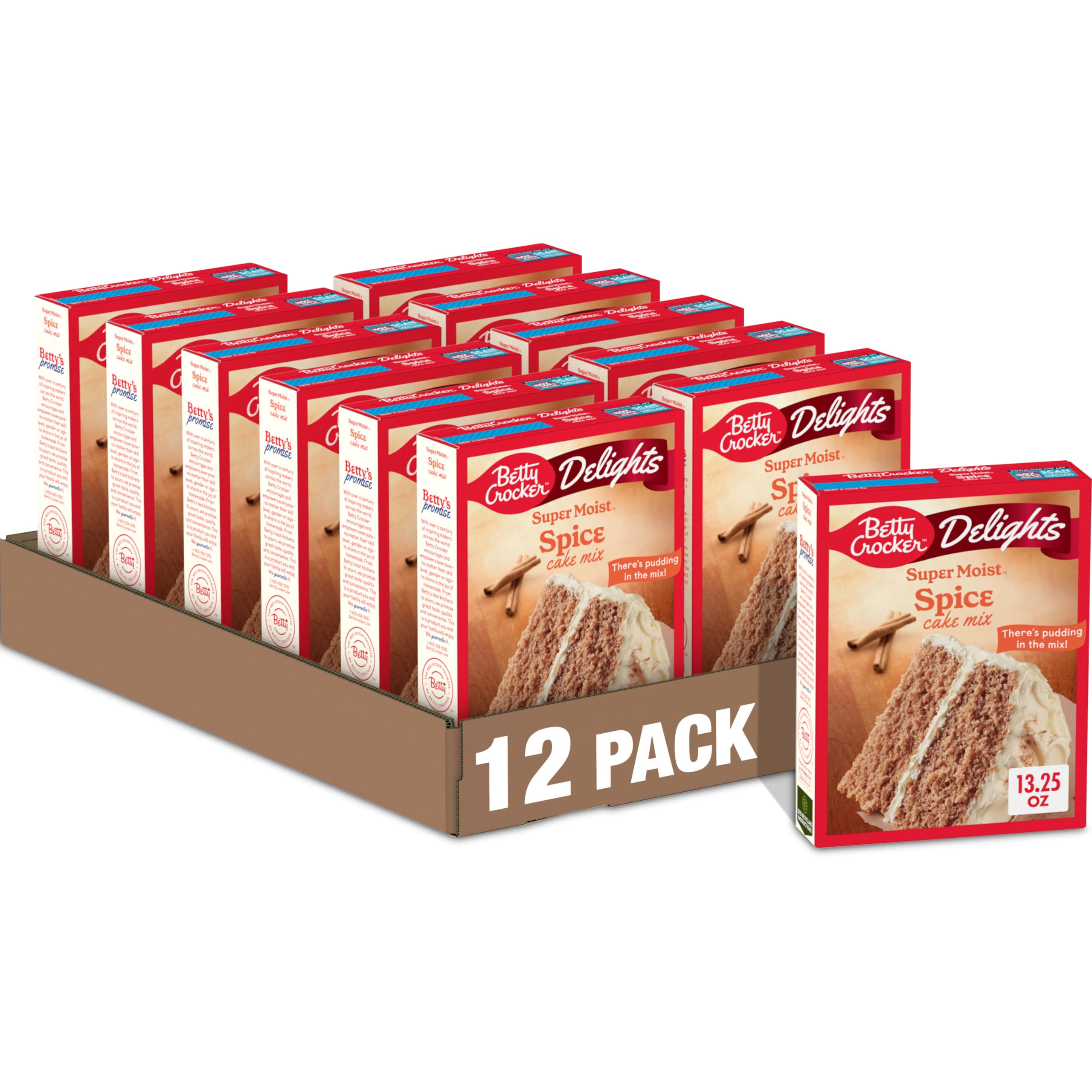 Betty Crocker front packaging showing spice cake mix and benefits