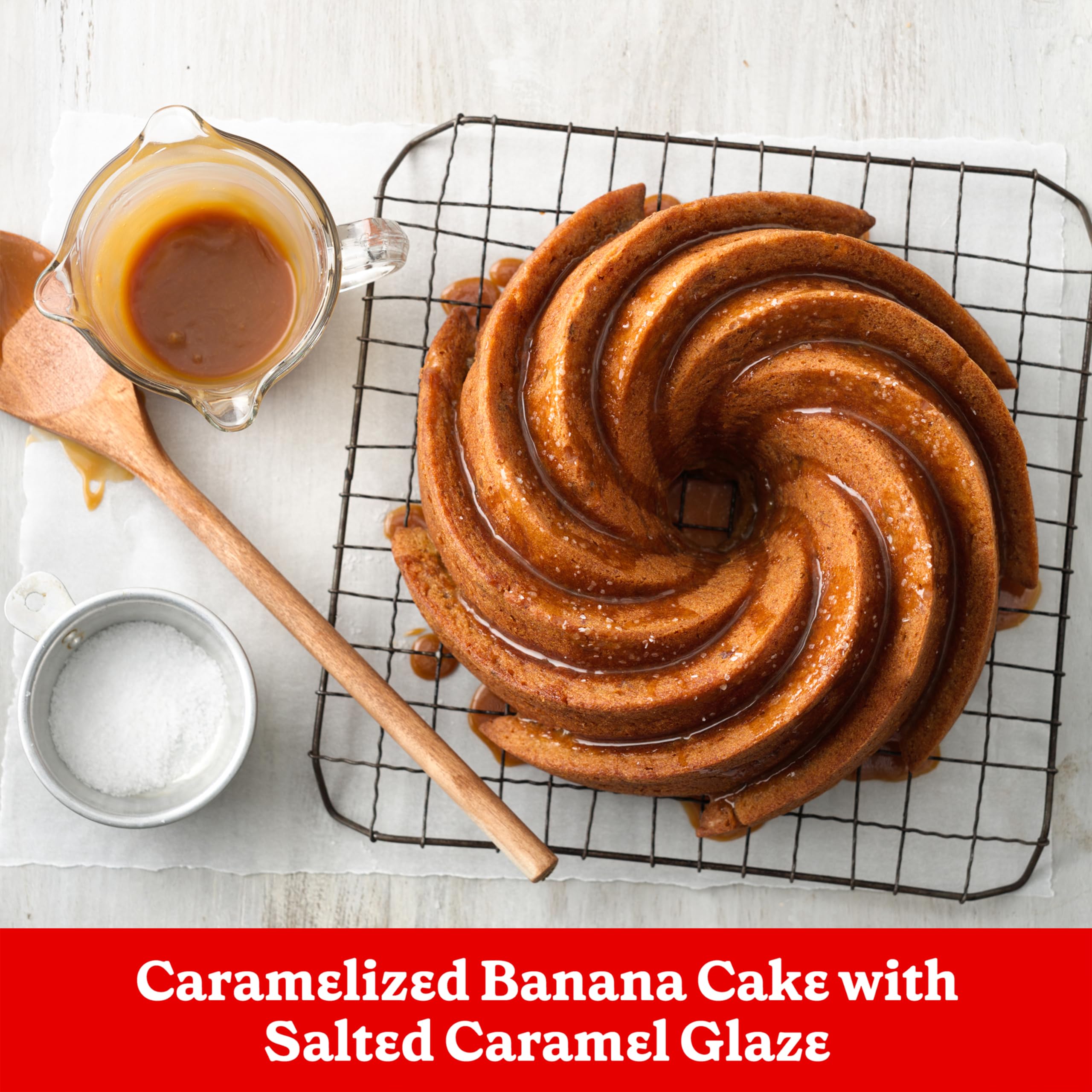 Betty Crocker cake next to measuring cup for size and serving guidance