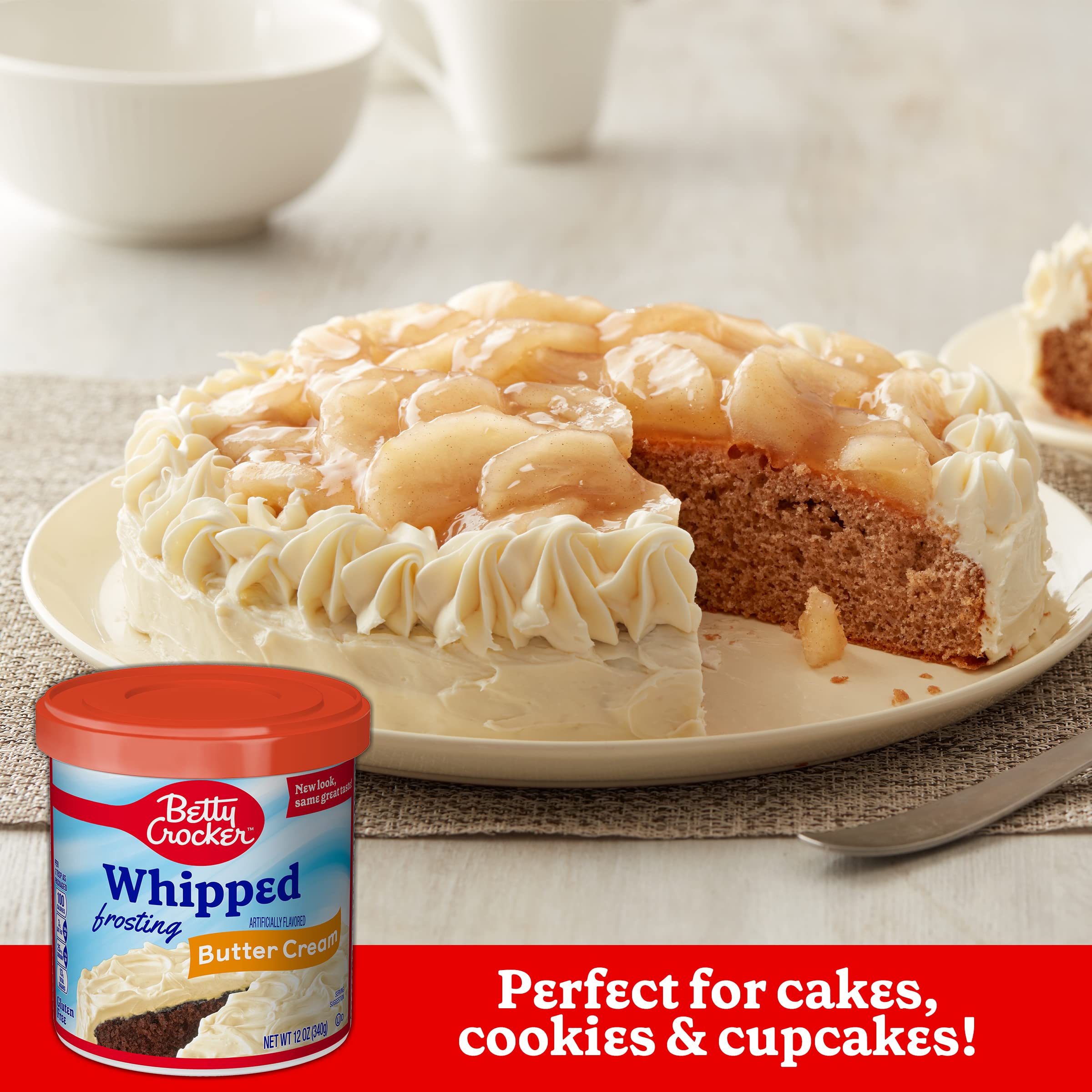 Betty Crocker frosting being spread on a cake, effortless coverage and even finish