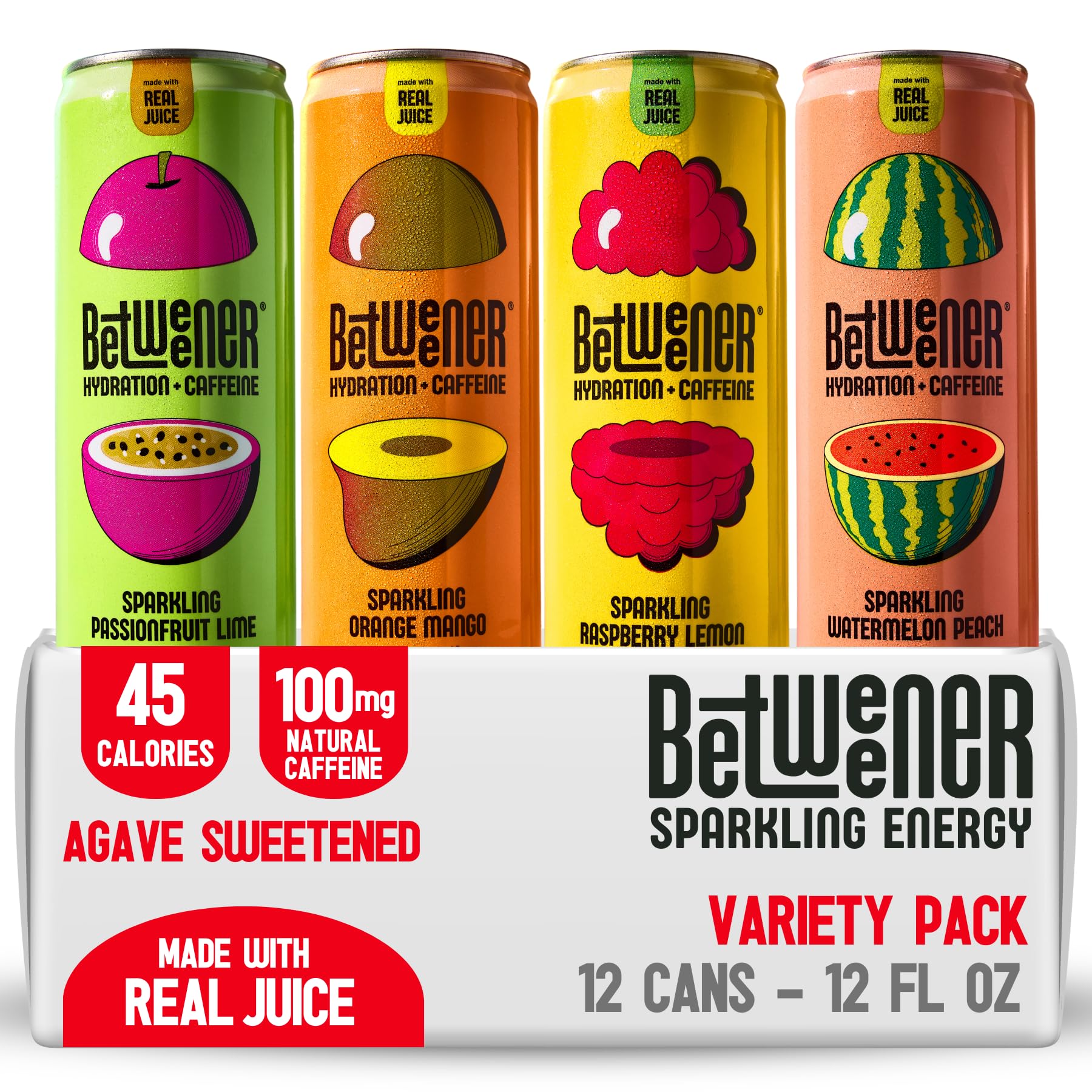 Betweener front 12‑pack showing variety and convenient cans for on‑the‑go refreshment