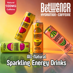 Betweener single can front label highlighting juice flavor and caffeine content