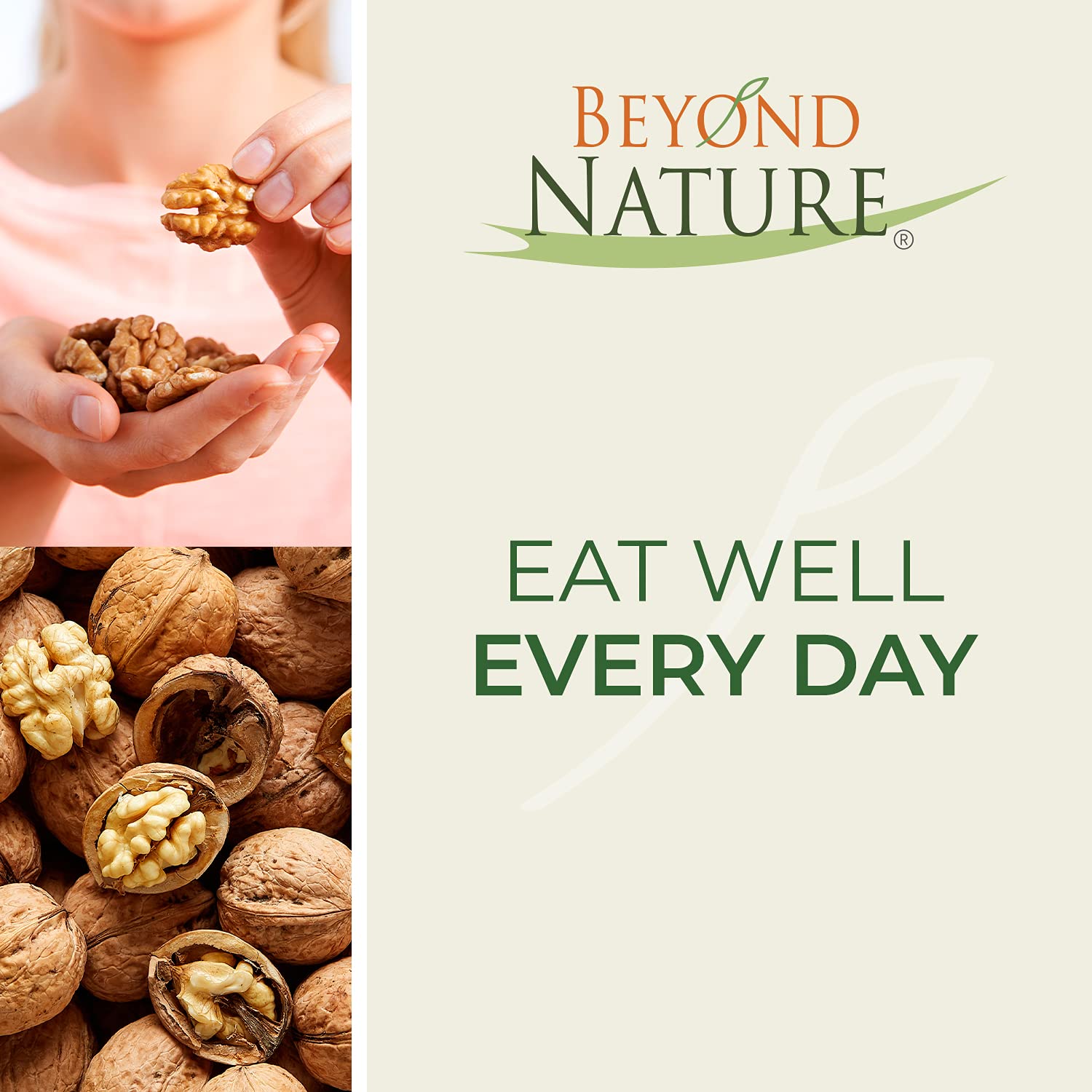 Beyond Nature walnuts beside a measuring cup showing portion size and quantity value