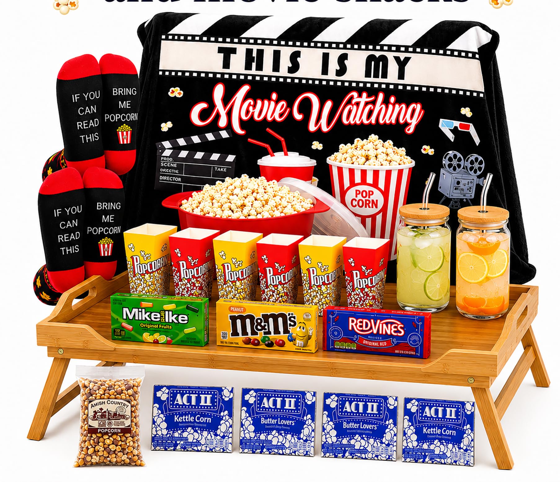Beyond The Box front view of assembled movie night basket showcasing contents and gift-ready look