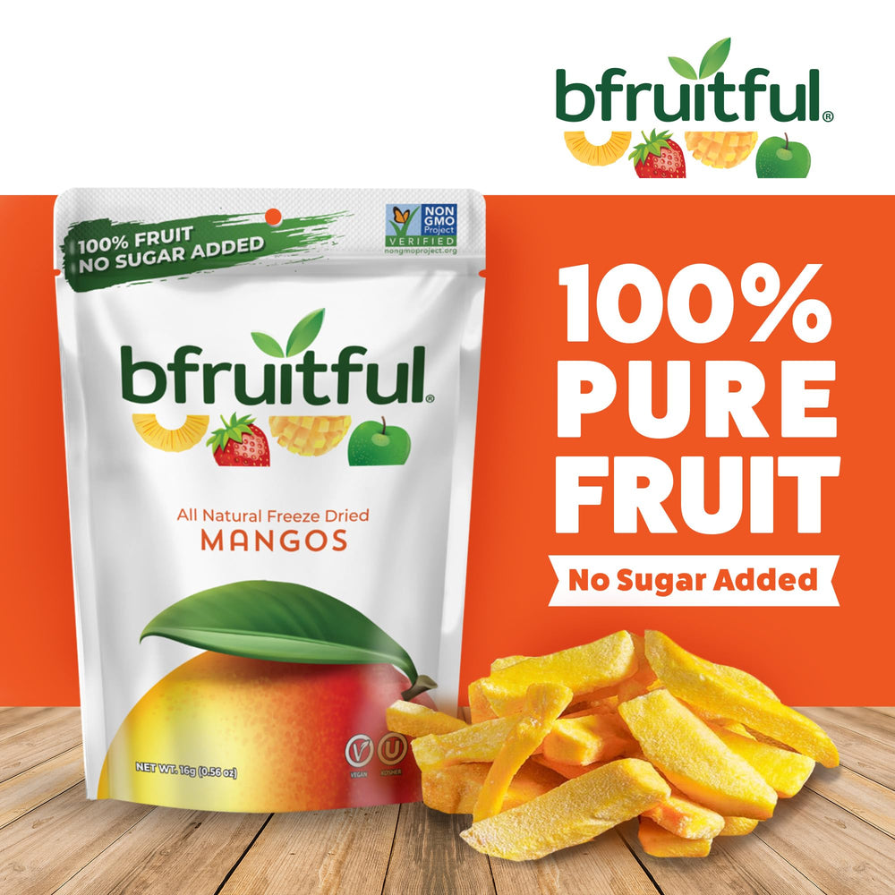 bfruitful close-up of mango slice texture showing crisp freeze-dried structure benefit