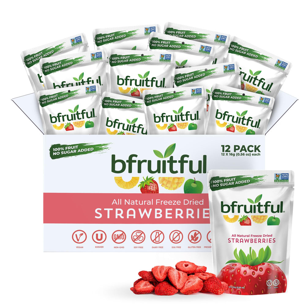 bfruitful front packaging showing 12 single-serve pouches and product branding for convenience