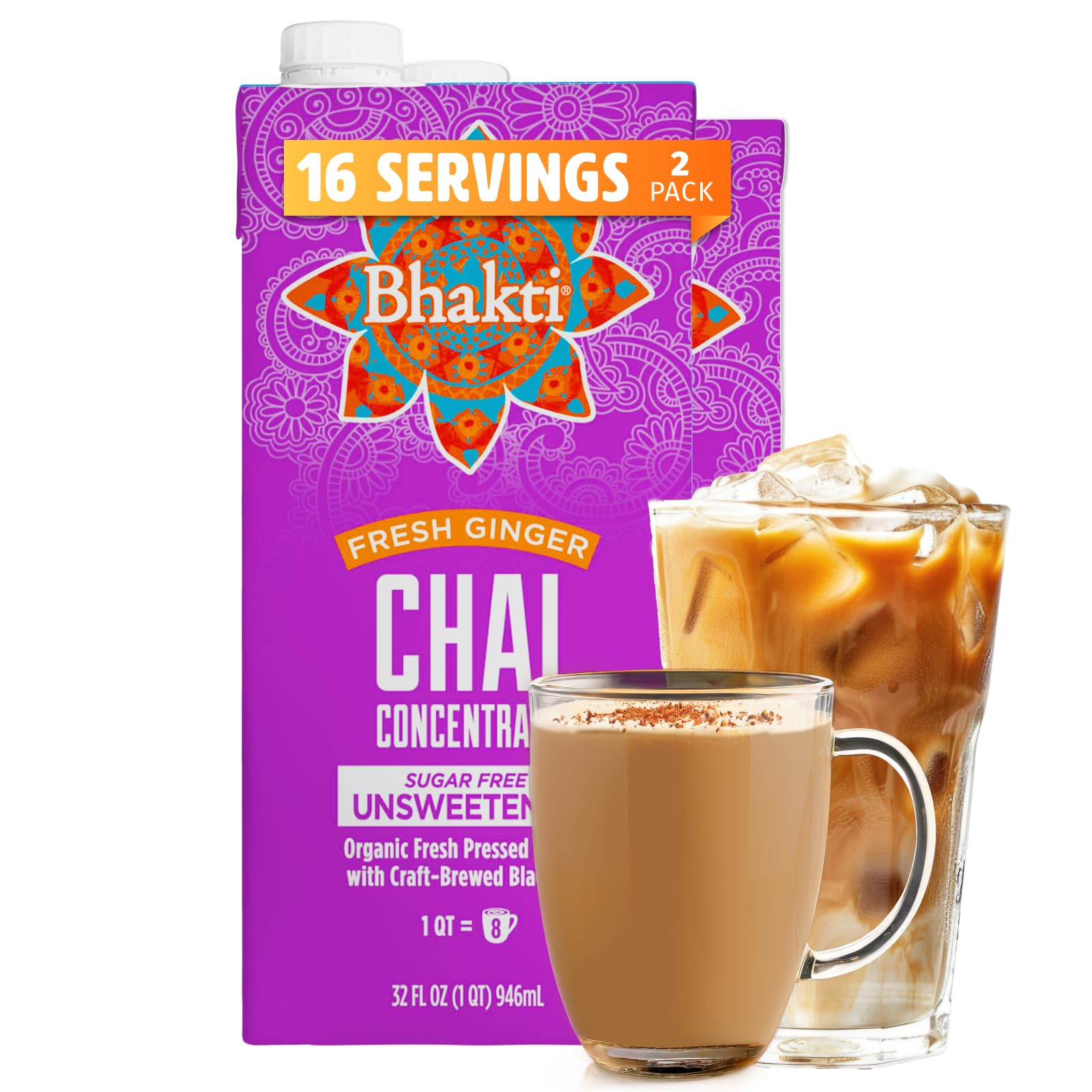 Bhakti front packaging 32oz carton showing unsweetened chai concentrate benefit quick mixing