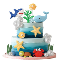 BHNKGZNA front packaging showing full 21-piece ocean cake topper set for easy party prep