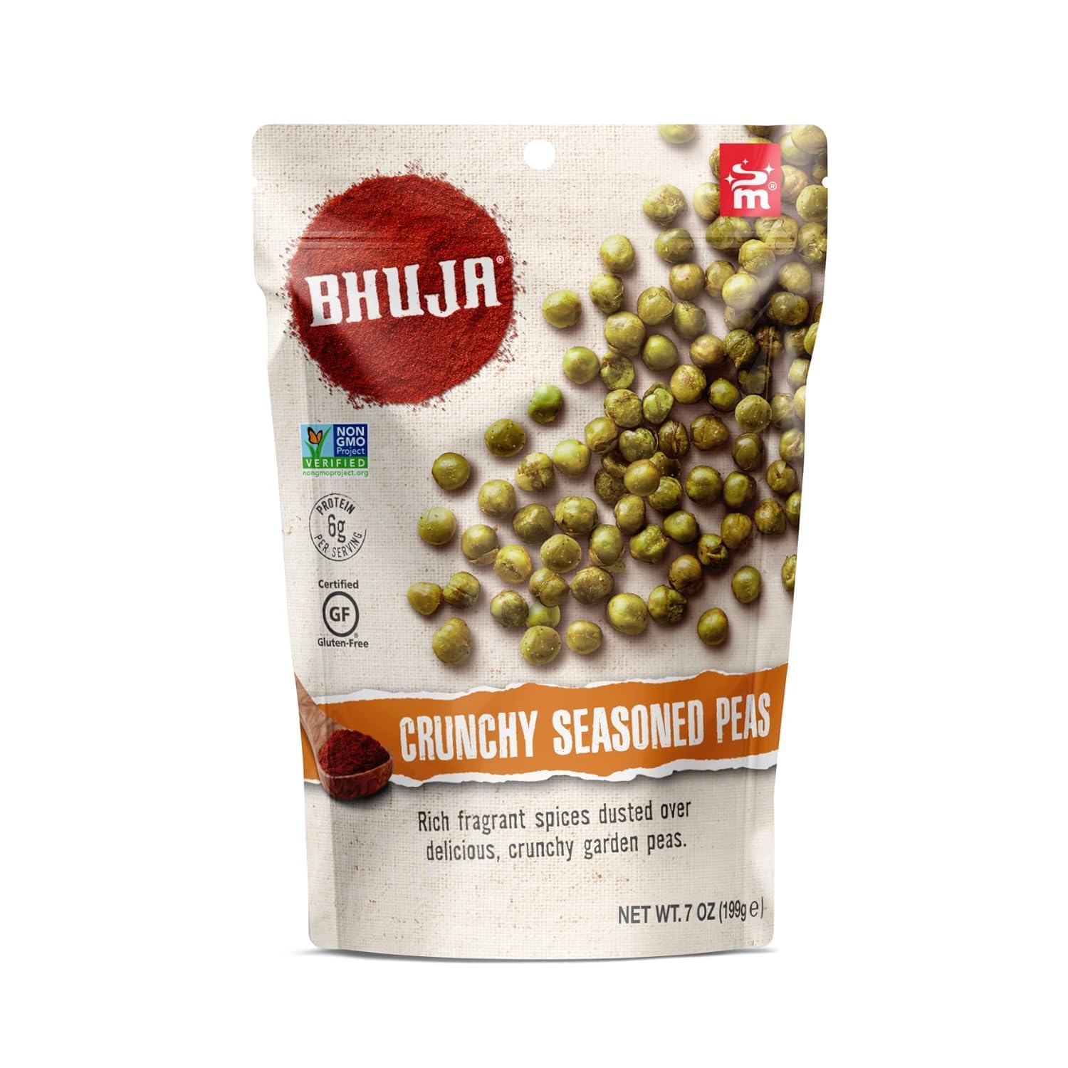 Bhuja front packaging showing bold spiced peas and branding for fast recognition