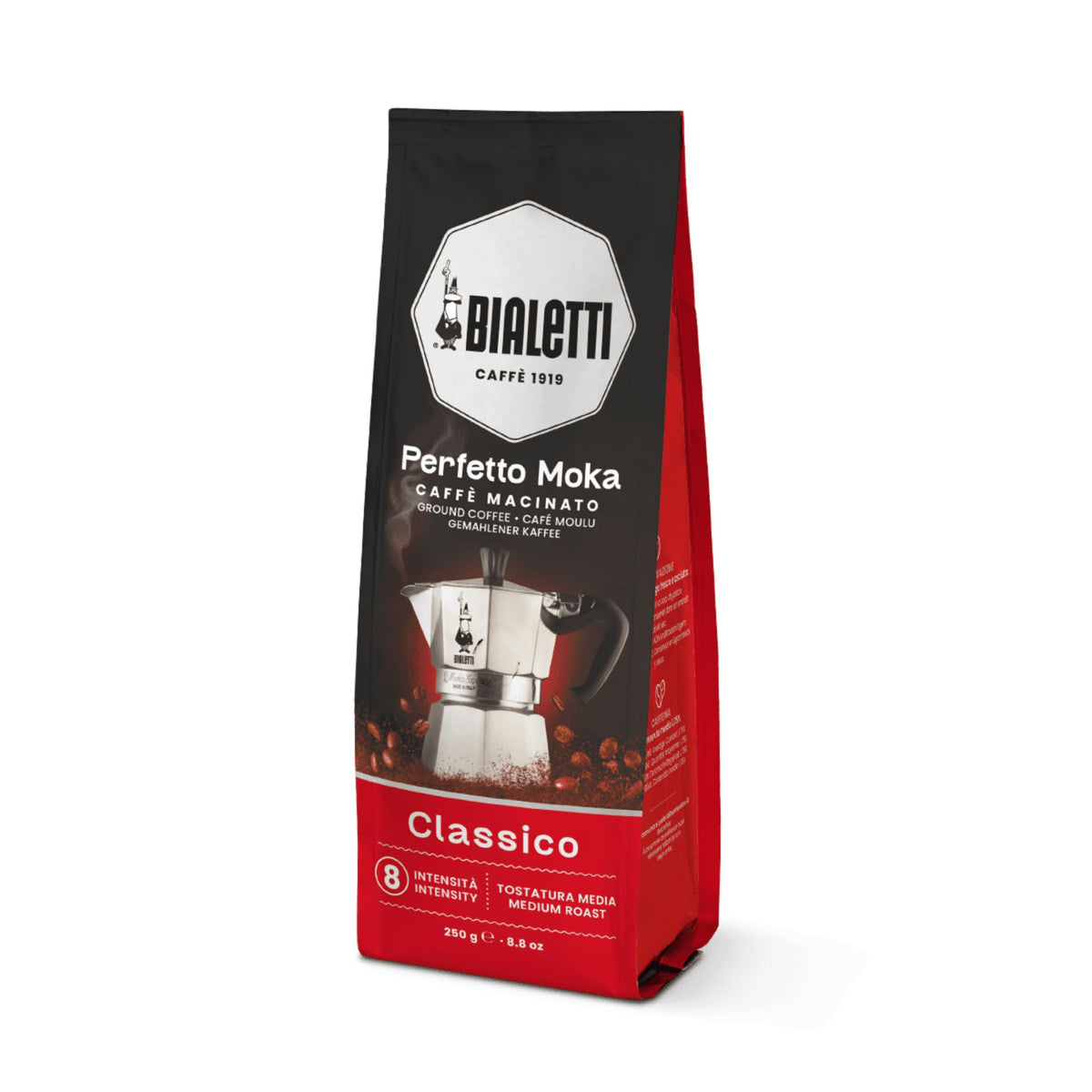 Bialetti front packaging showing Classico 251 g bag and clear Moka compatibility for rich flavor