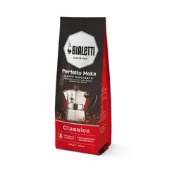 Bialetti front packaging showing Classico 251 g bag and clear Moka compatibility for rich flavor