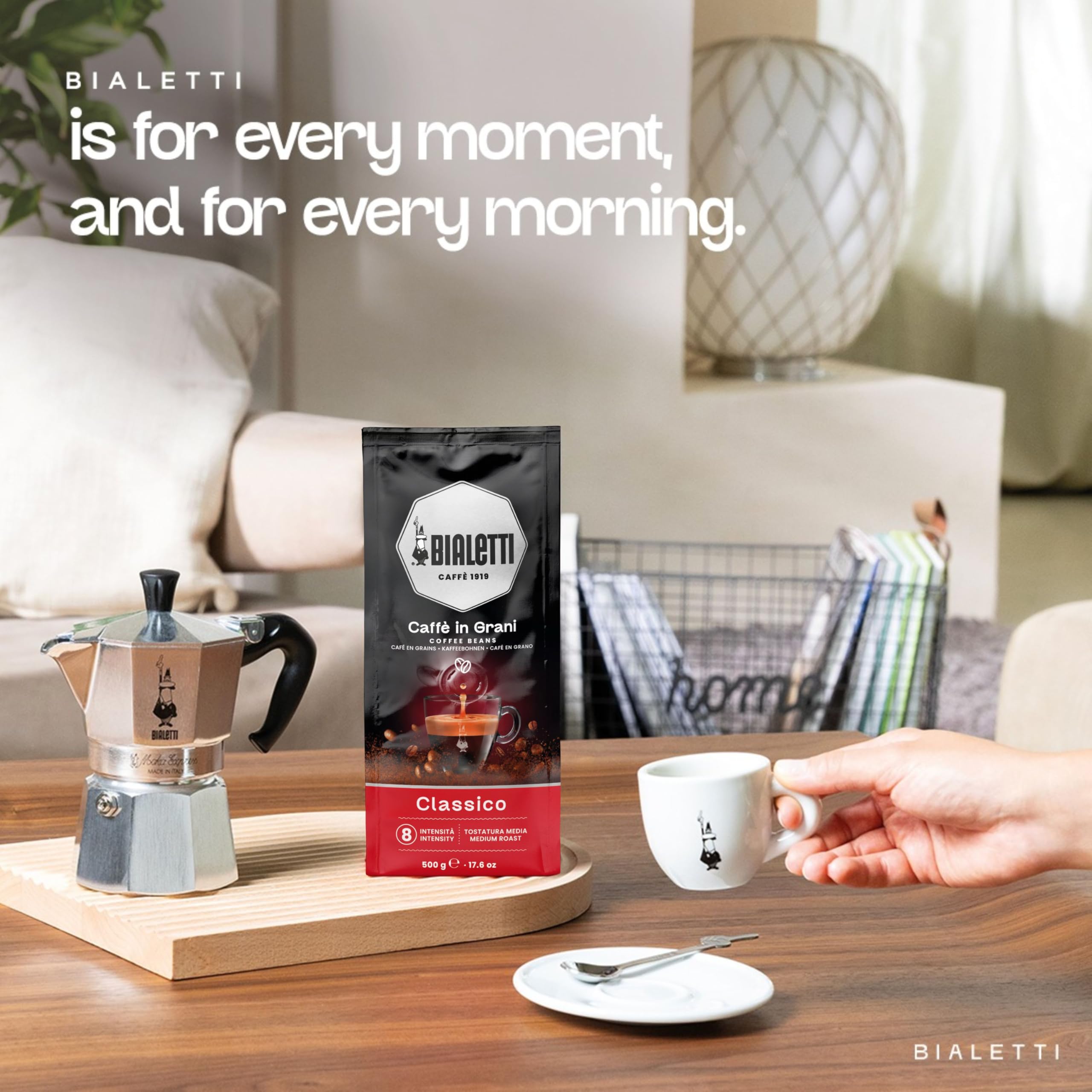 Bialetti Classico 500g bag next to a scale illustrating portion size