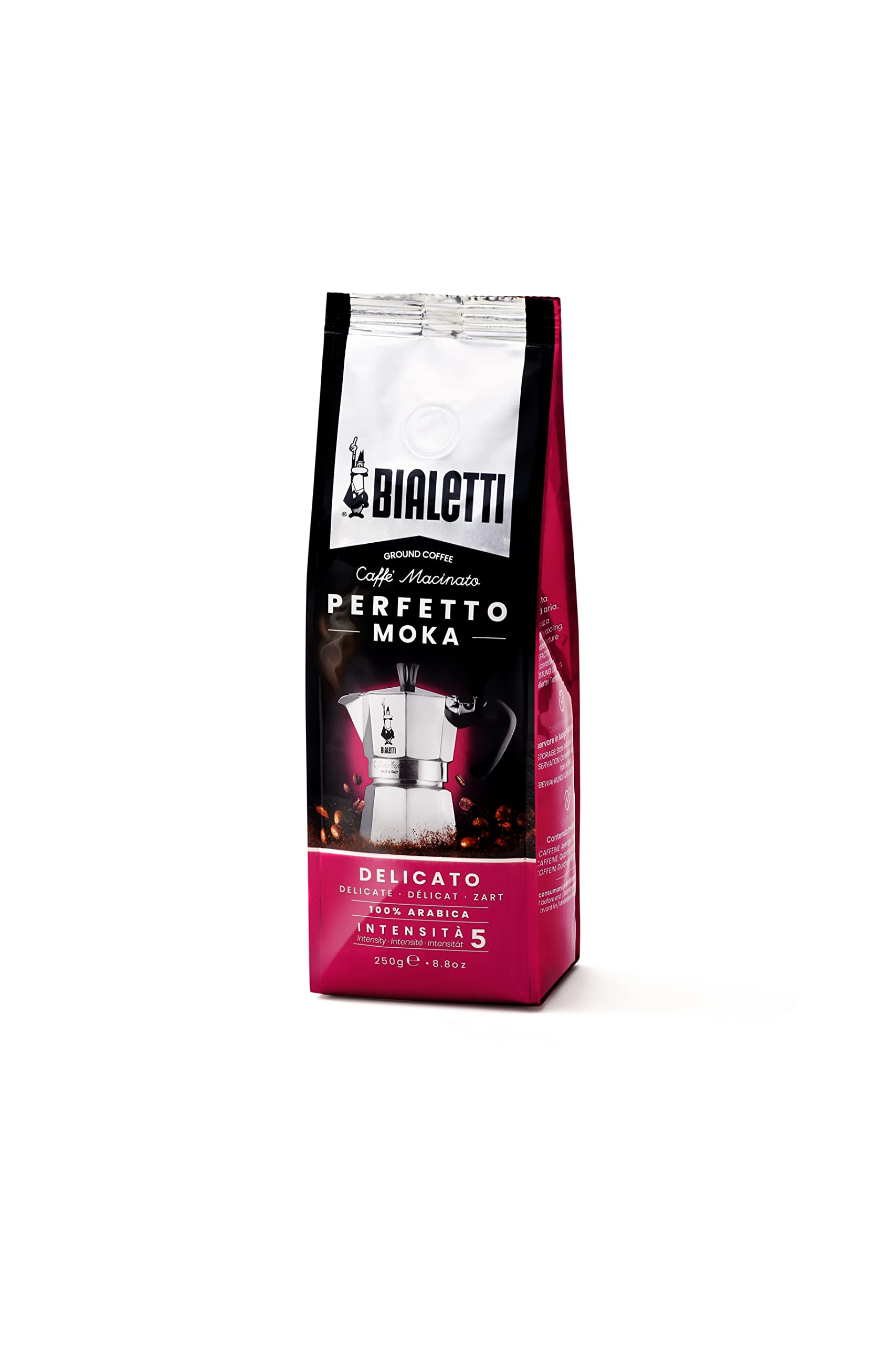 Bialetti Perfetto Moka bag front view showing logo and aroma valve, preserving delicate flavor