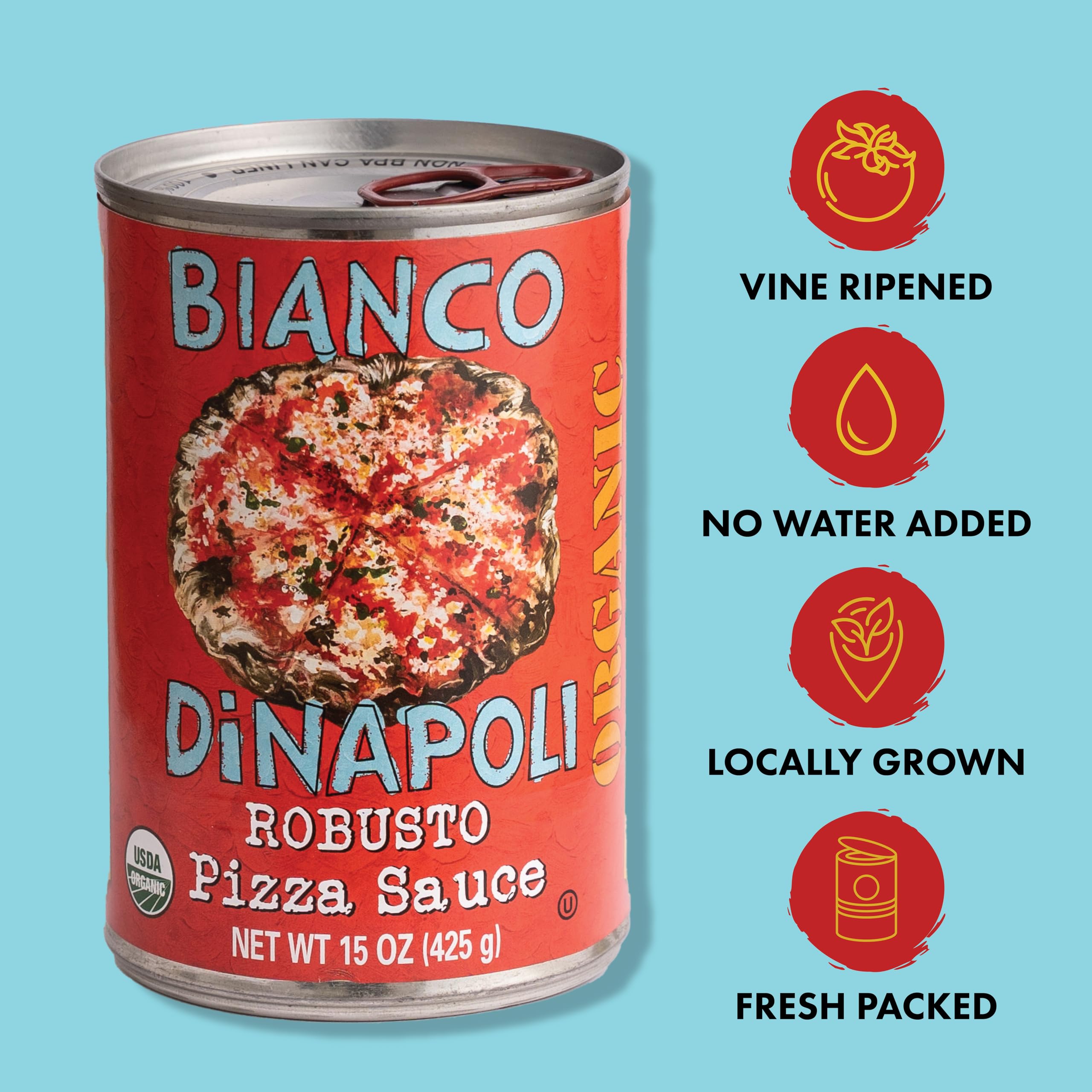 bianco dinapoli can opened and sauce pouring, showing easy use and thick pour